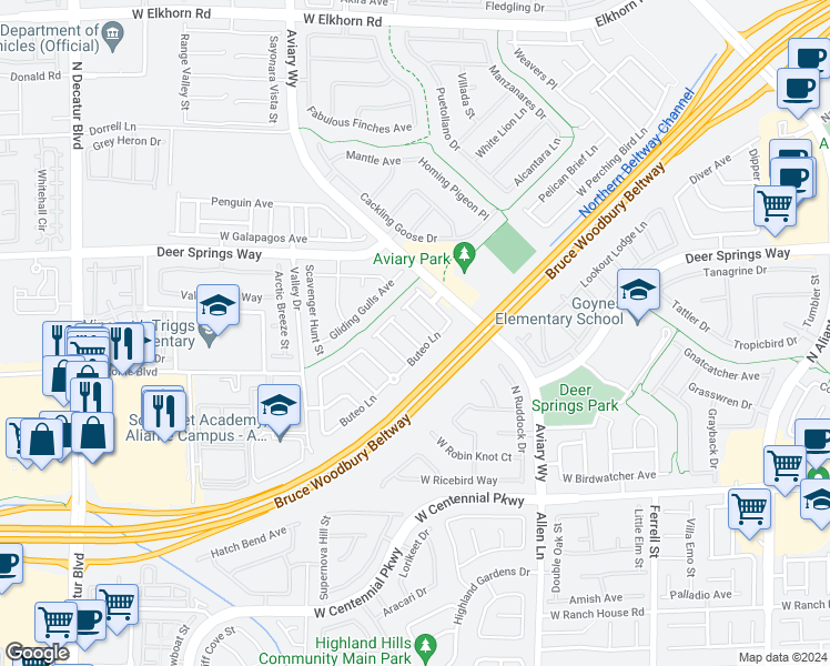 map of restaurants, bars, coffee shops, grocery stores, and more near 6662 Little Owl Place in North Las Vegas