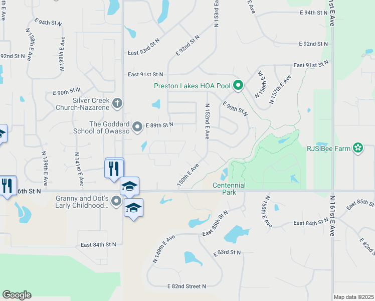 map of restaurants, bars, coffee shops, grocery stores, and more near 14501 East 86th Street North in Owasso