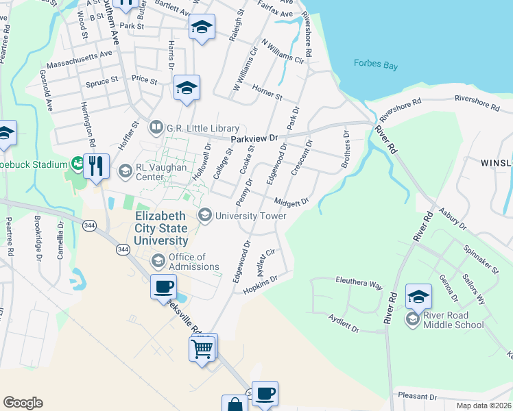 map of restaurants, bars, coffee shops, grocery stores, and more near 1513 Edgewood Drive in Elizabeth City