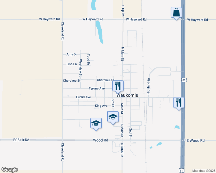 map of restaurants, bars, coffee shops, grocery stores, and more near 221 3rd Street in Waukomis