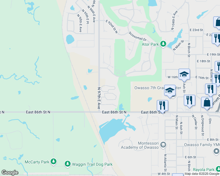 map of restaurants, bars, coffee shops, grocery stores, and more near 8769 North 97th East Avenue in Owasso
