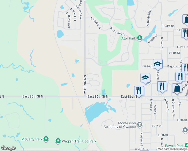 map of restaurants, bars, coffee shops, grocery stores, and more near 8769 North 97th East Avenue in Owasso