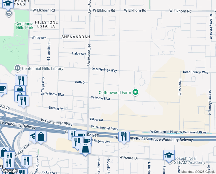 map of restaurants, bars, coffee shops, grocery stores, and more near 6670 Desperado Street in Las Vegas