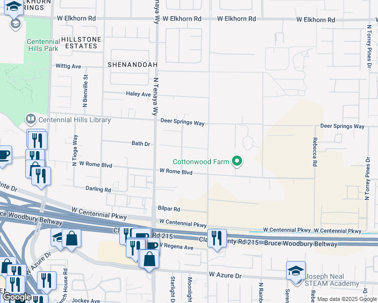 map of restaurants, bars, coffee shops, grocery stores, and more near 6670 Desperado Street in Las Vegas