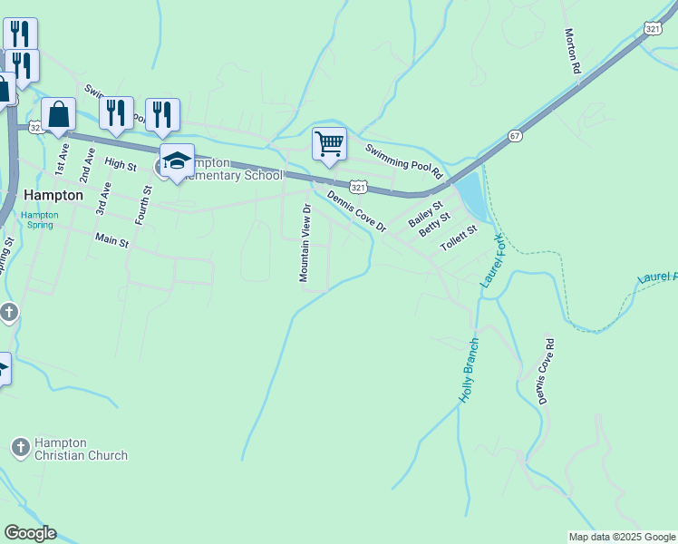 map of restaurants, bars, coffee shops, grocery stores, and more near 354 Mountain View Drive in Hampton