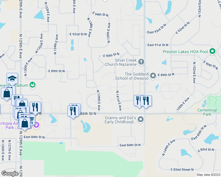 map of restaurants, bars, coffee shops, grocery stores, and more near 14009 East 87th Terrace North in Owasso