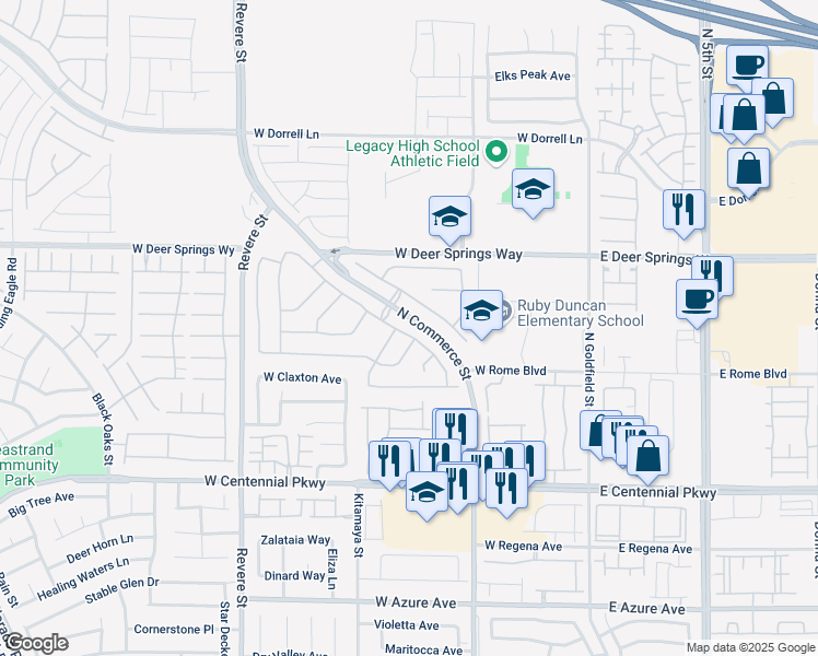 map of restaurants, bars, coffee shops, grocery stores, and more near 6655 Montezuma Castle Lane in North Las Vegas