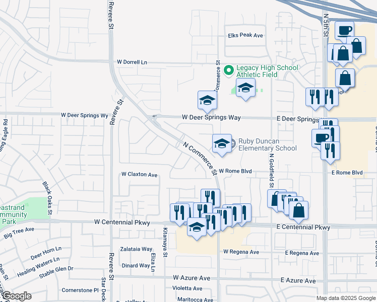 map of restaurants, bars, coffee shops, grocery stores, and more near 6655 Montezuma Castle Lane in North Las Vegas