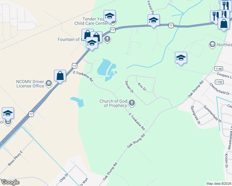 map of restaurants, bars, coffee shops, grocery stores, and more near 796 East Trinkaloe Road in Elizabeth City