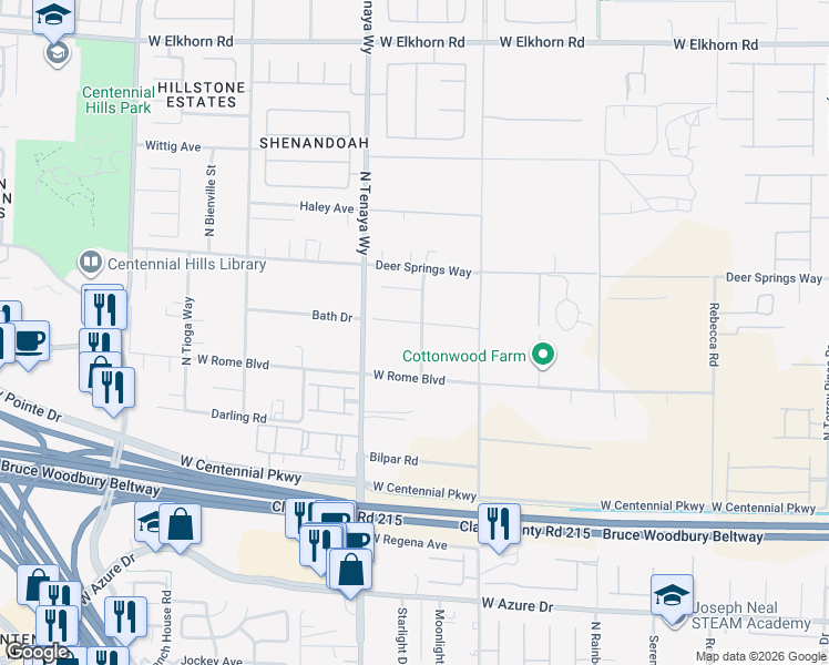map of restaurants, bars, coffee shops, grocery stores, and more near 7111 Bath Drive in Las Vegas