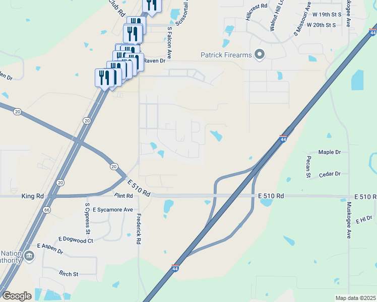 map of restaurants, bars, coffee shops, grocery stores, and more near 2501 Pheasant Drive in Claremore