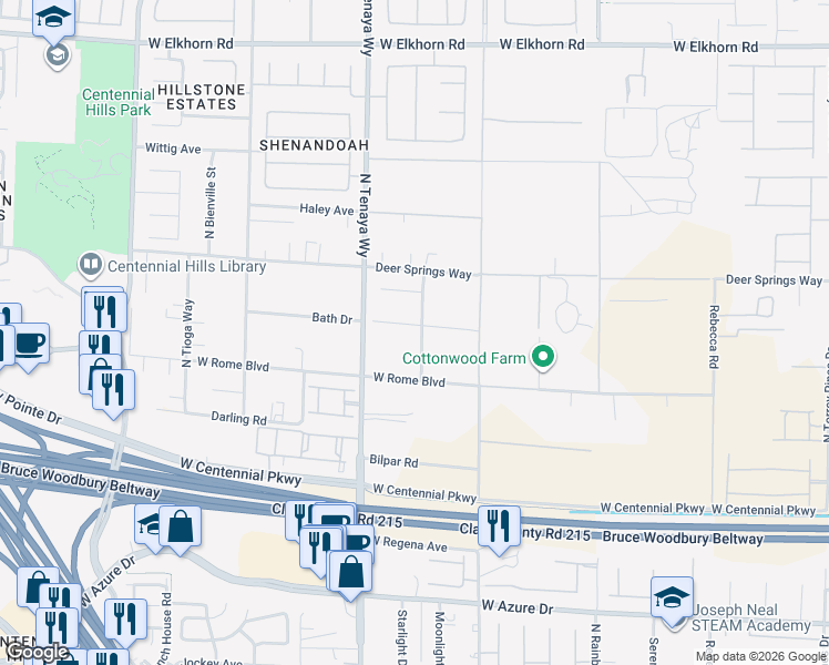 map of restaurants, bars, coffee shops, grocery stores, and more near 7111 Bath Drive in Las Vegas
