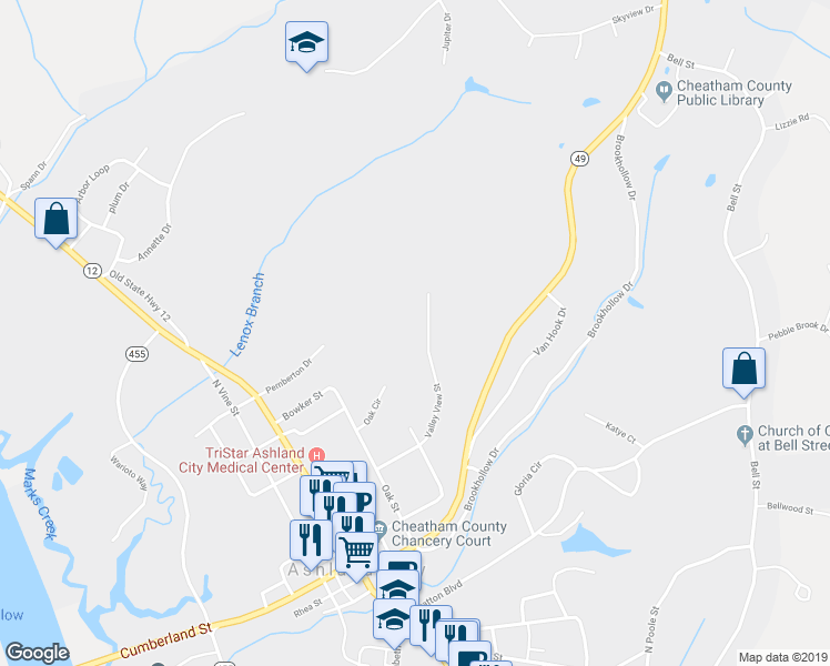 map of restaurants, bars, coffee shops, grocery stores, and more near 123 Valley View Street in Ashland City