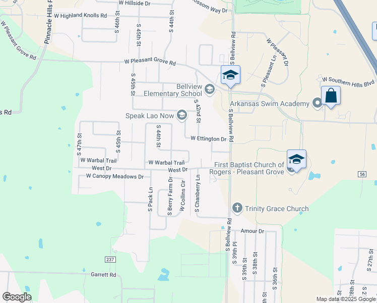 map of restaurants, bars, coffee shops, grocery stores, and more near 4201 Quelinda Drive in Rogers