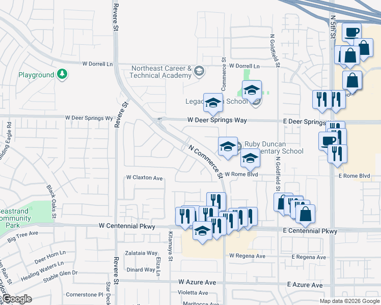 map of restaurants, bars, coffee shops, grocery stores, and more near 6702 Cinnabar Coast Lane in North Las Vegas