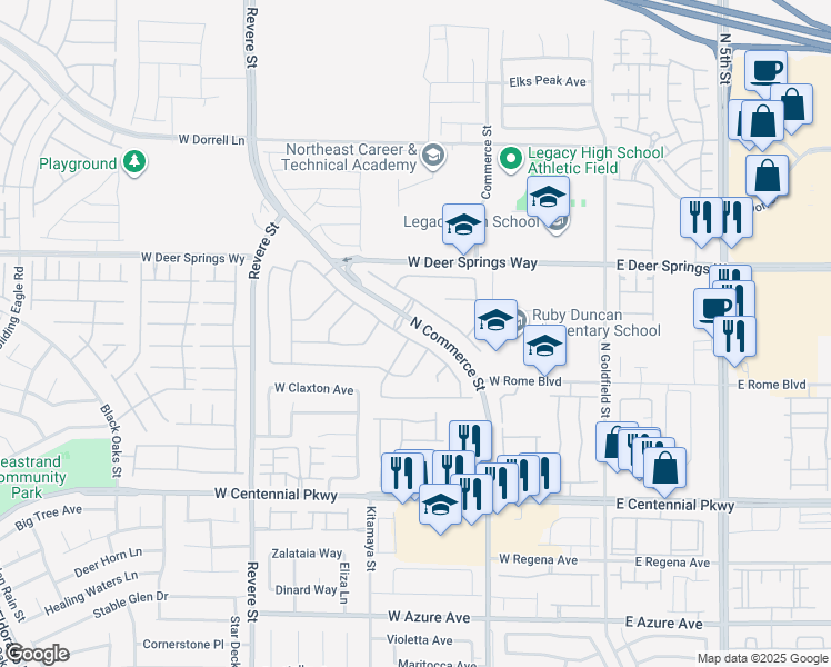 map of restaurants, bars, coffee shops, grocery stores, and more near 6702 Cinnabar Coast Lane in North Las Vegas