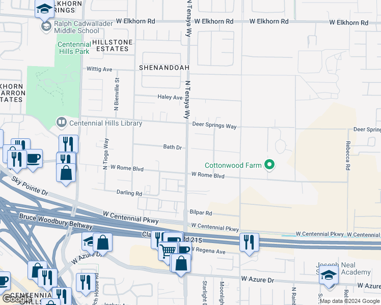 map of restaurants, bars, coffee shops, grocery stores, and more near 7191 Bath Drive in Las Vegas