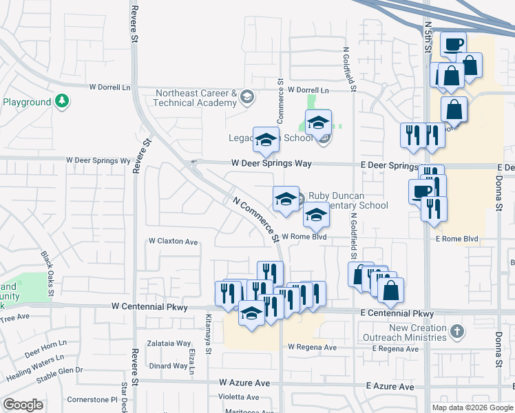 map of restaurants, bars, coffee shops, grocery stores, and more near 6643 Montezuma Castle Lane in North Las Vegas