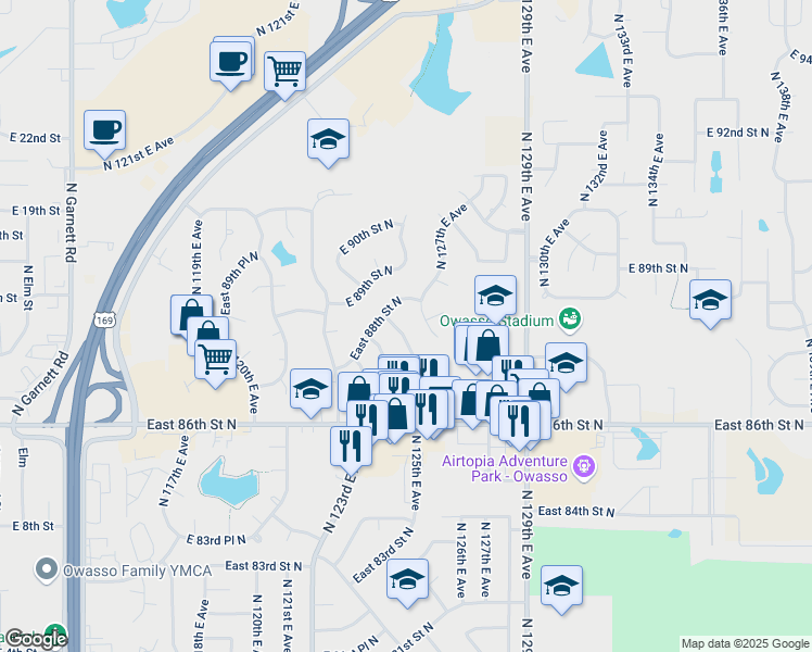map of restaurants, bars, coffee shops, grocery stores, and more near 8711 North 125th East Avenue in Owasso