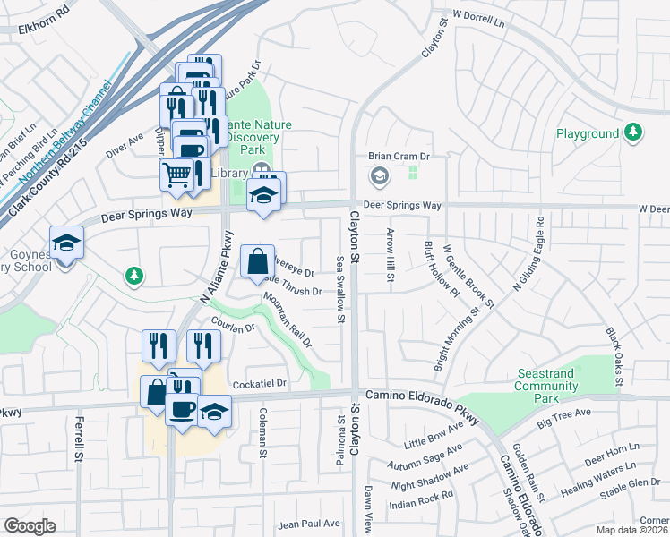 map of restaurants, bars, coffee shops, grocery stores, and more near 6637 Sea Swallow Street in North Las Vegas