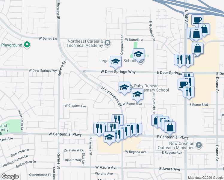 map of restaurants, bars, coffee shops, grocery stores, and more near 6643 Montezuma Castle Lane in North Las Vegas