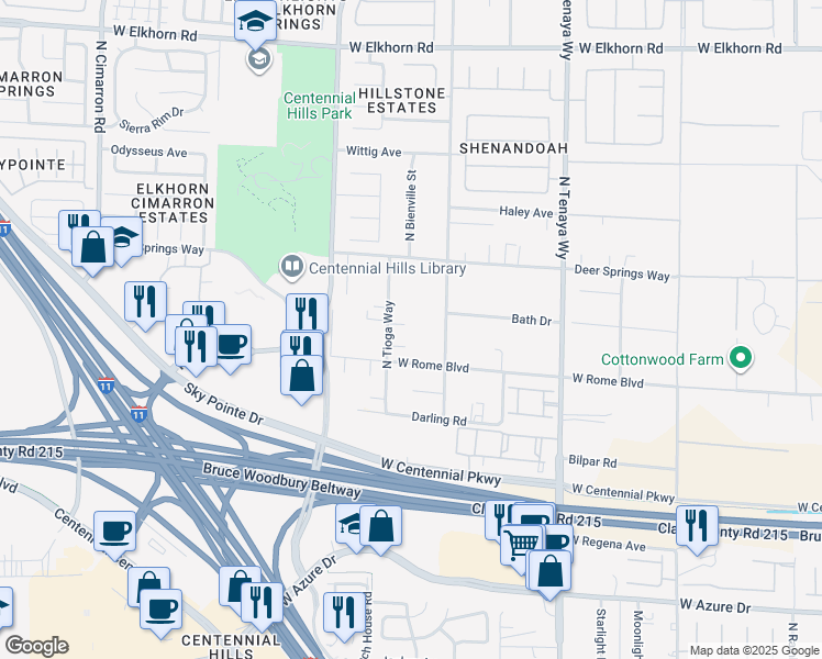 map of restaurants, bars, coffee shops, grocery stores, and more near 6680 North Tioga Way in Las Vegas