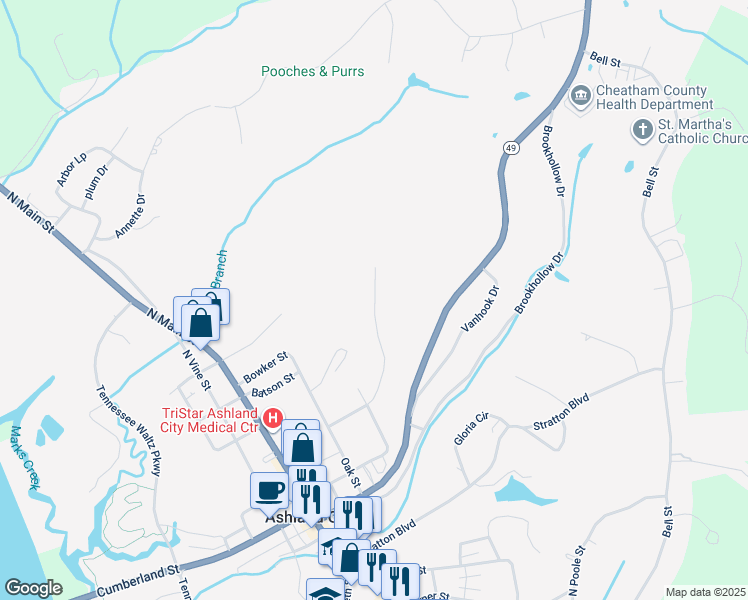 map of restaurants, bars, coffee shops, grocery stores, and more near 123 Valley View Street in Ashland City