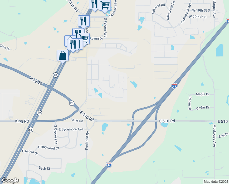 map of restaurants, bars, coffee shops, grocery stores, and more near 2604 South West Wolf Run Drive in Claremore