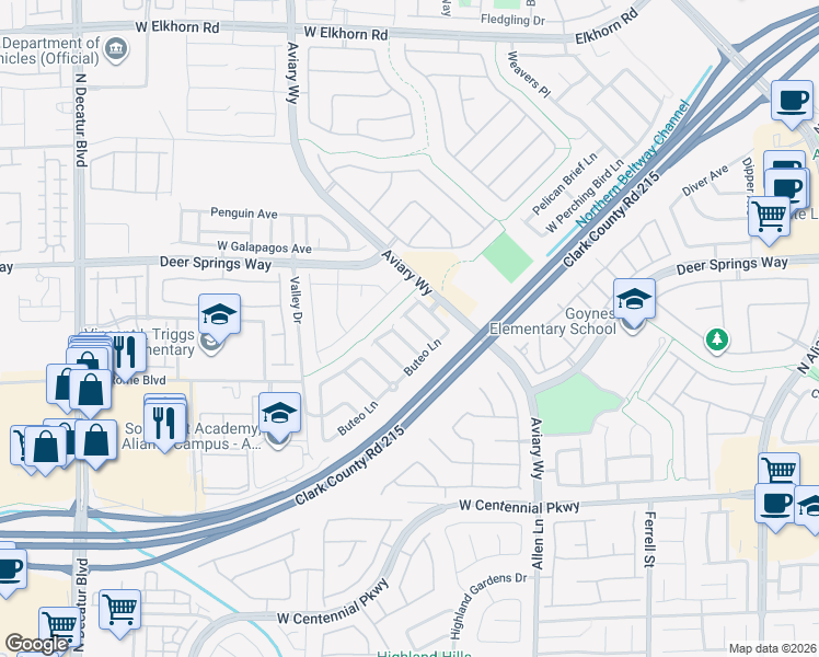 map of restaurants, bars, coffee shops, grocery stores, and more near 6699 Wood Thrush Place in North Las Vegas