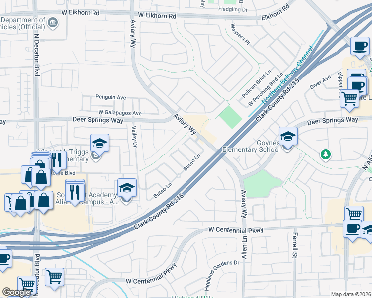 map of restaurants, bars, coffee shops, grocery stores, and more near 6699 Wood Thrush Place in North Las Vegas