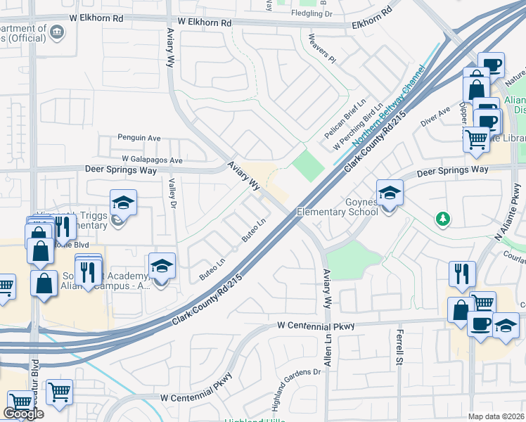 map of restaurants, bars, coffee shops, grocery stores, and more near 6716 Yellowhammer Place in North Las Vegas