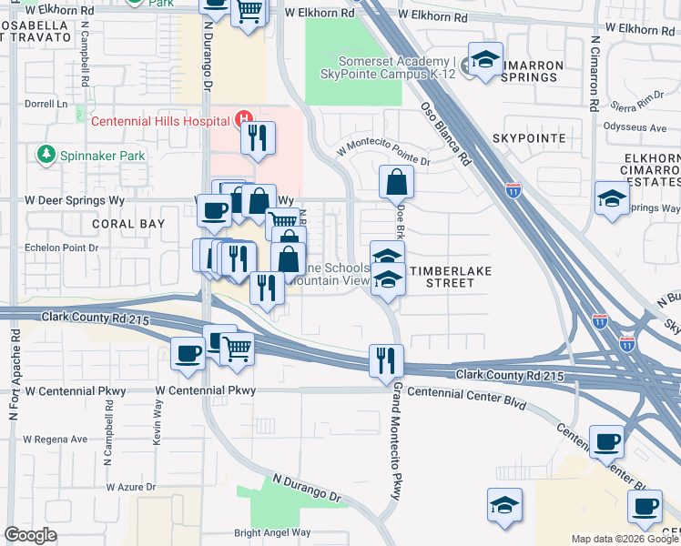 map of restaurants, bars, coffee shops, grocery stores, and more near 6632 North Bluebell Garden Street in Las Vegas
