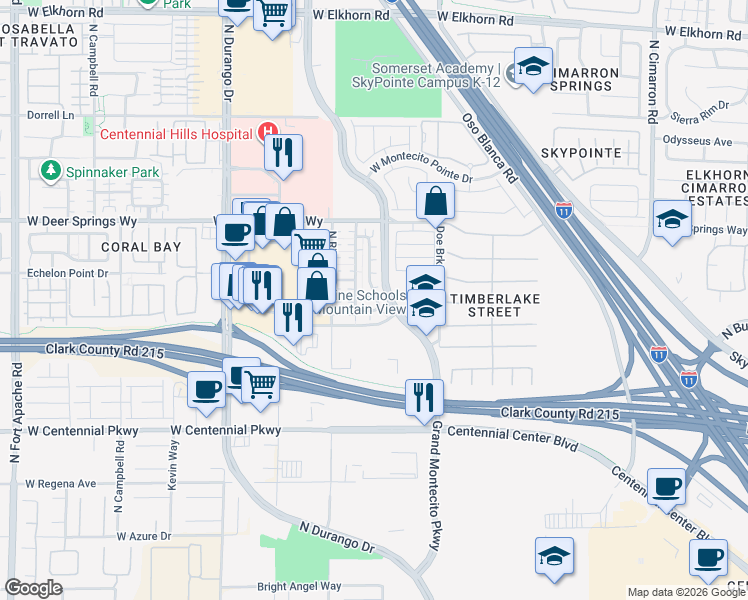 map of restaurants, bars, coffee shops, grocery stores, and more near 6632 North Bluebell Garden Street in Las Vegas