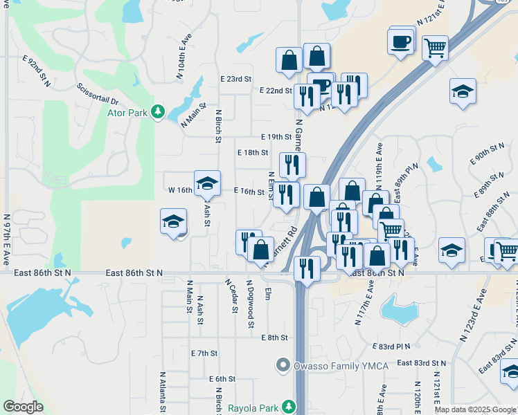 map of restaurants, bars, coffee shops, grocery stores, and more near 1407 North Dogwood Street in Owasso