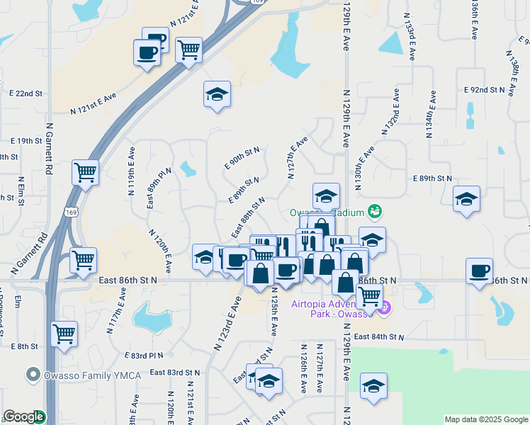 map of restaurants, bars, coffee shops, grocery stores, and more near 8711 N 125th E Ave in Owasso