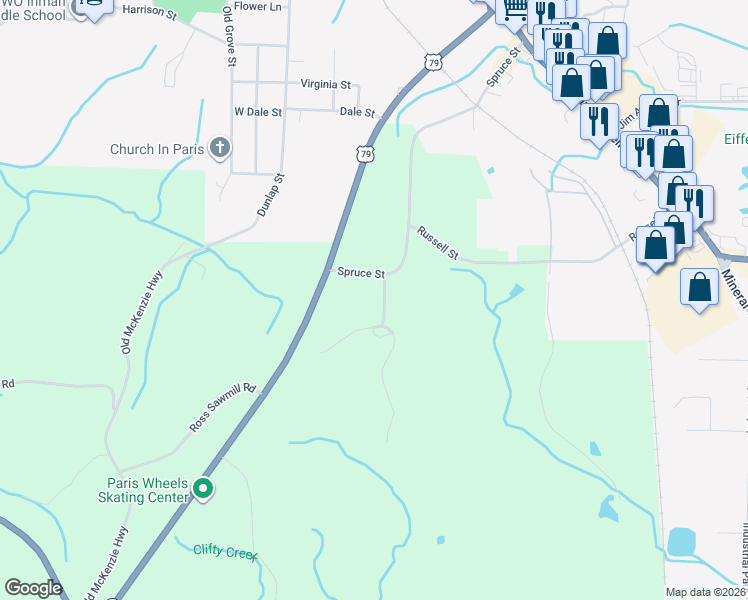 map of restaurants, bars, coffee shops, grocery stores, and more near 305 Whiskey Ridge Rd in Paris
