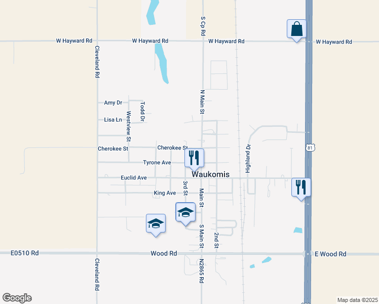 map of restaurants, bars, coffee shops, grocery stores, and more near 221 3rd Street in Waukomis