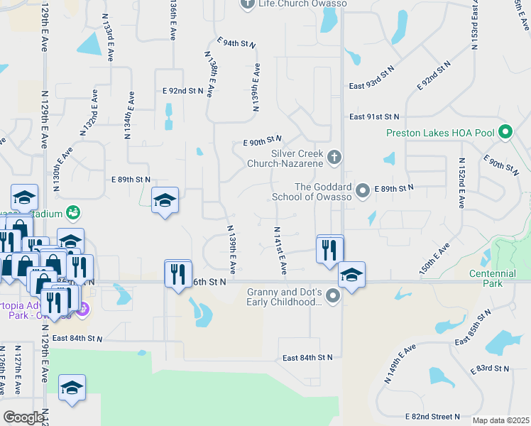 map of restaurants, bars, coffee shops, grocery stores, and more near 14009 East 87th Terrace North in Owasso
