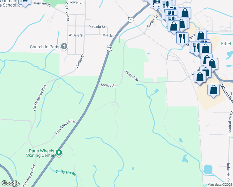 map of restaurants, bars, coffee shops, grocery stores, and more near 305 Whiskey Ridge Rd in Paris