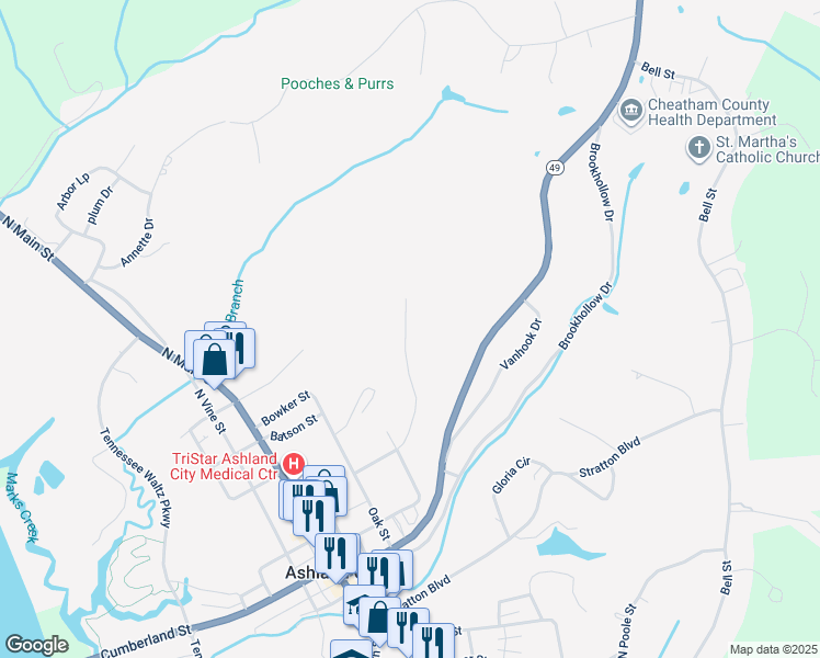 map of restaurants, bars, coffee shops, grocery stores, and more near 123 Valley View Street in Ashland City