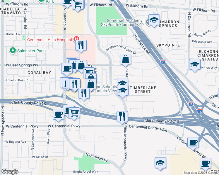 map of restaurants, bars, coffee shops, grocery stores, and more near 6632 North Bluebell Garden Street in Las Vegas