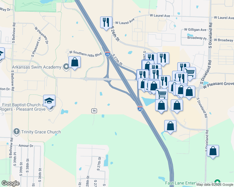 map of restaurants, bars, coffee shops, grocery stores, and more near West Pleasant Grove Road in Rogers