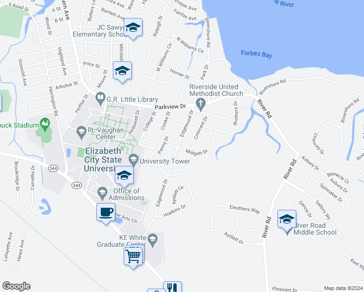 map of restaurants, bars, coffee shops, grocery stores, and more near 1516 Edgewood Drive in Elizabeth City