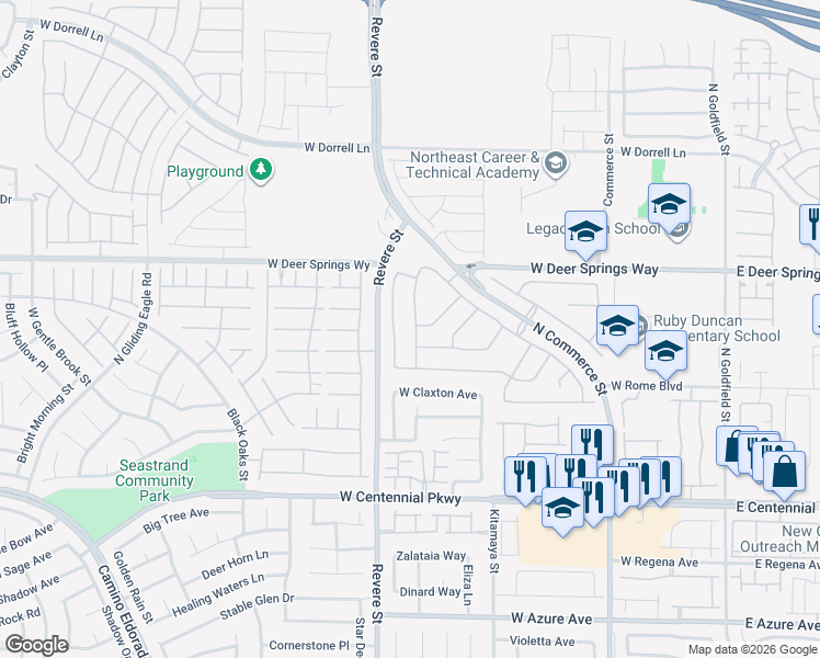 map of restaurants, bars, coffee shops, grocery stores, and more near 6653 Maple Mesa Street in North Las Vegas