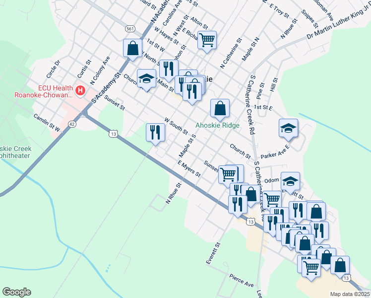 map of restaurants, bars, coffee shops, grocery stores, and more near 210 Sunset St in Ahoskie