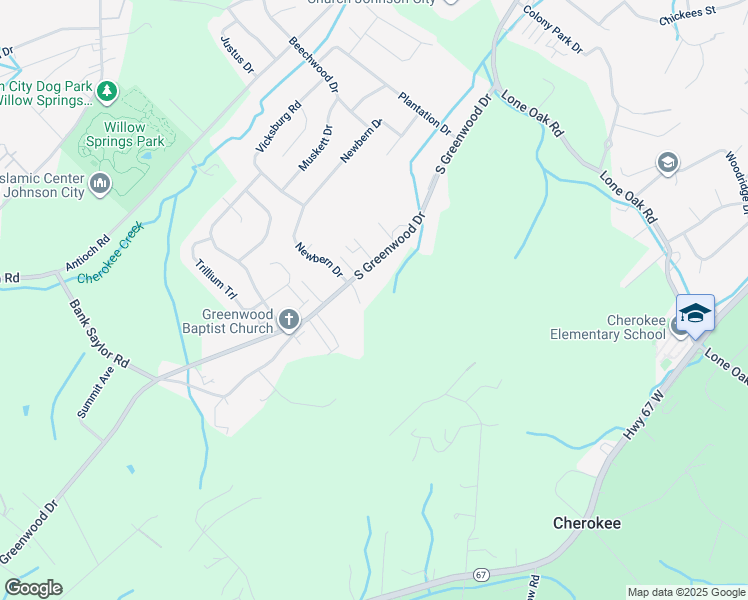 map of restaurants, bars, coffee shops, grocery stores, and more near 2917 South Greenwood Drive in Johnson City