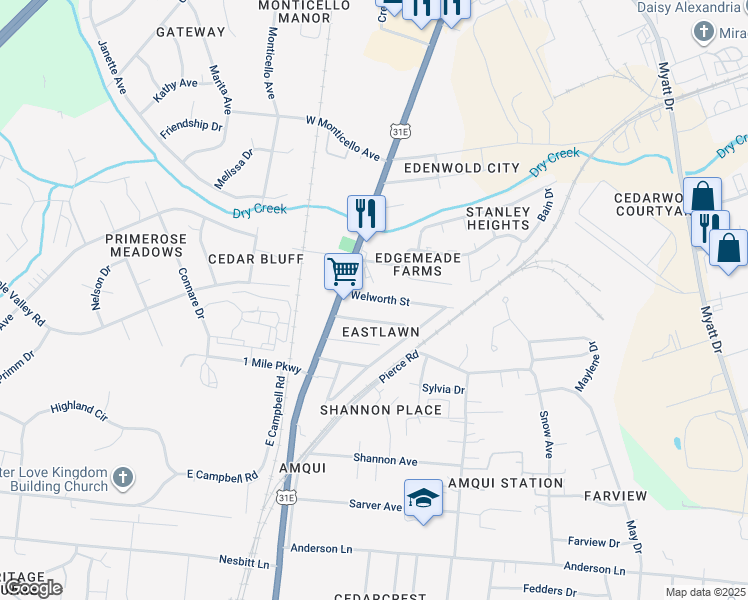 map of restaurants, bars, coffee shops, grocery stores, and more near 128 Welworth Street in Nashville