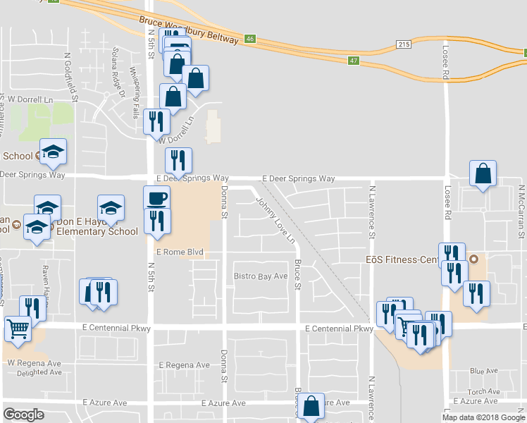 map of restaurants, bars, coffee shops, grocery stores, and more near 6653 Johnny Love Lane in North Las Vegas