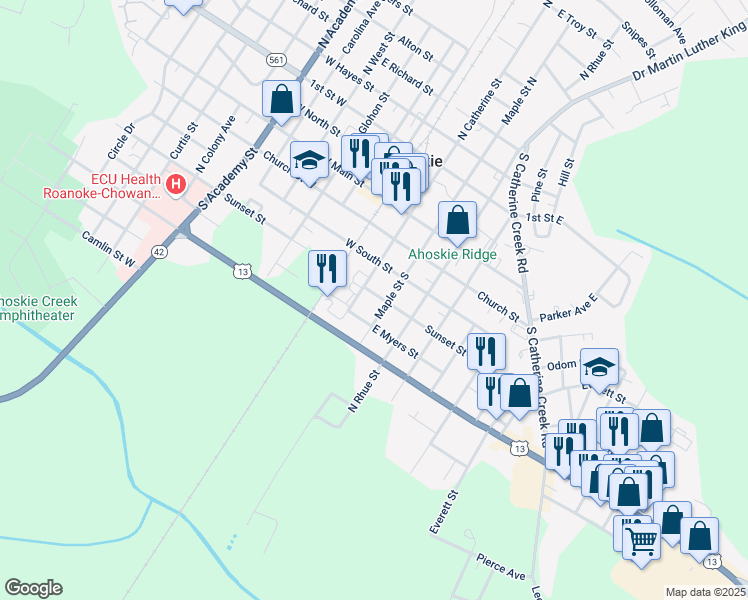 map of restaurants, bars, coffee shops, grocery stores, and more near 200-210 Sunset St in Ahoskie