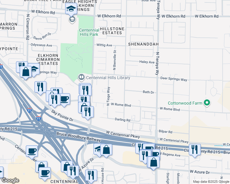 map of restaurants, bars, coffee shops, grocery stores, and more near 6680 North Tioga Way in Las Vegas